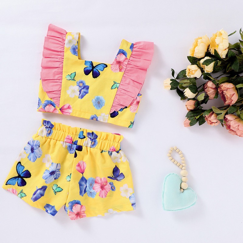 

lovely Sweet Butterfly Print Yellow Girl Two-piece Shorts Set