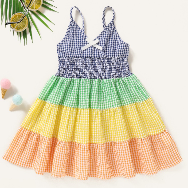 

lovely Sweet Grid Print Patchwork Multicolor Girl Mid Calf Dress, Multi