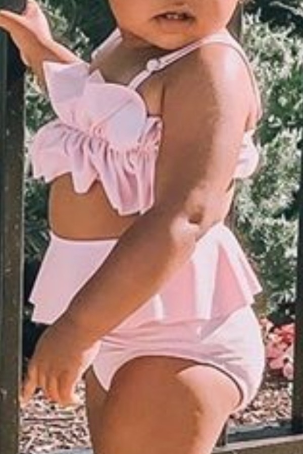 

lovely Flounce Design Pink Girl Two-piece Swimsuit