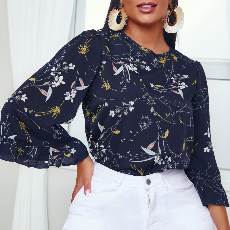 lovely Stylish Plants Print Blue Blouse