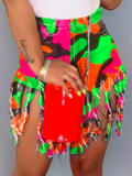LW High Stretchy Tassel Design Multicolor Denim Shorts
