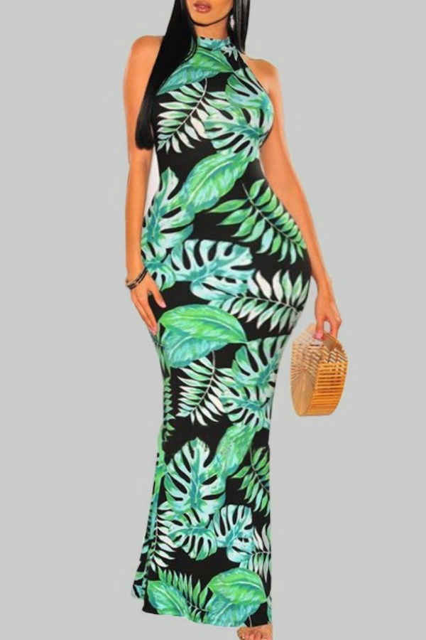 

Lovely Bohemian Plants Print Green Maxi Dress