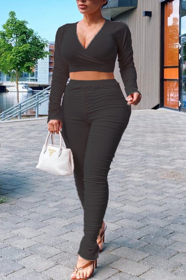 

lovely Trendy Deep V Neck Fold Design Black Two Piece Pants Set