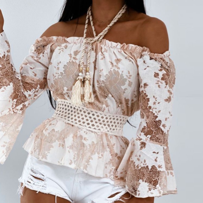 

lovely Stylish Dew Shoulder Print Apricot Blouse