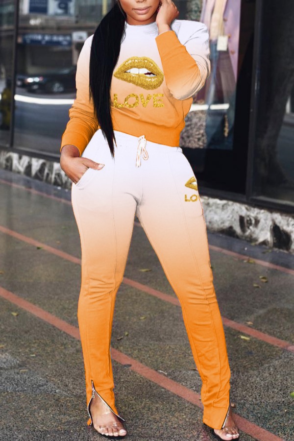 

lovely Street O Neck Lip Print Orange Two Piece Pants Set