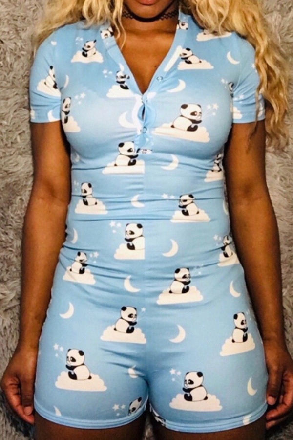 

Lovely Trendy Cartoon Print Baby Blue One-piece Romper