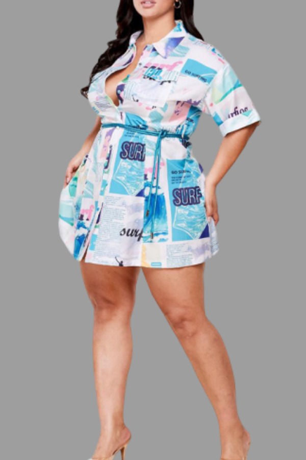 

lovely Stylish Letter Print Blue Mini Plus Size Dress