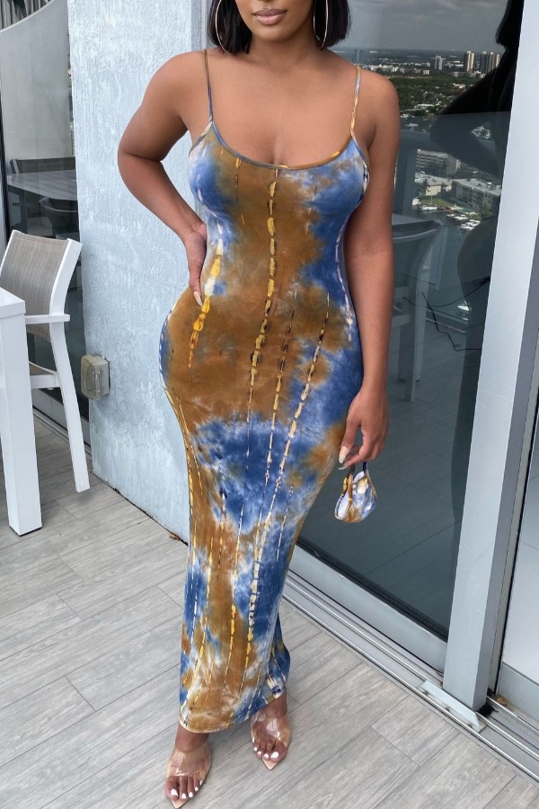 

lovely Trendy Tie-dye Blue Ankle Length Plus Size Dress