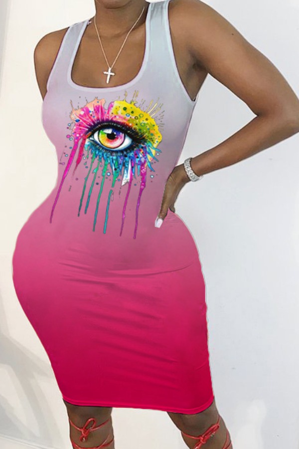 

lovely Leisure U Neck Eye Print Rose Red Knee Length Dress