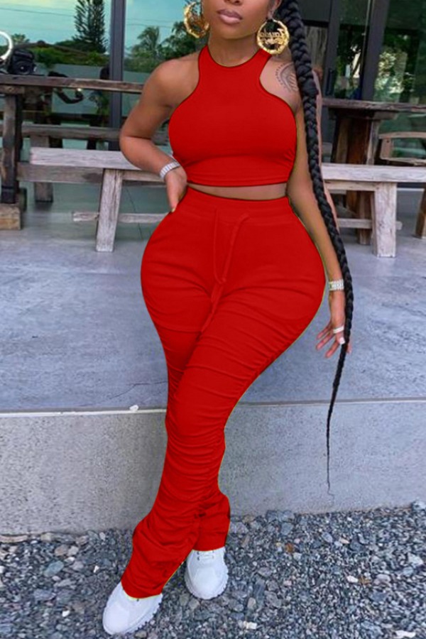 

Lovely Stylish Fold Design Red Plus Size Two-piece Pants Set