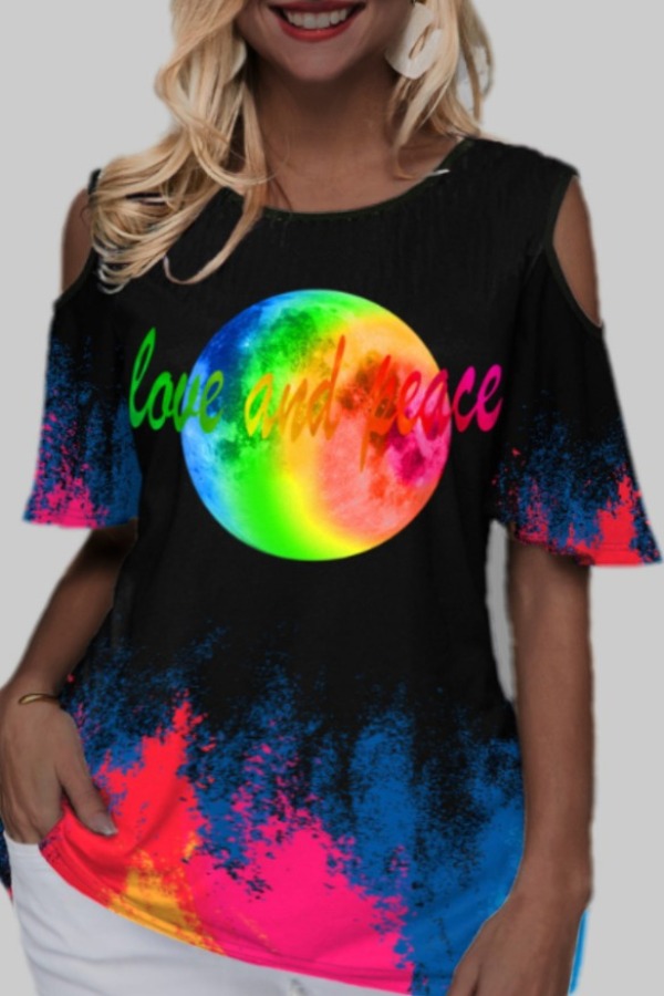 

lovely Casual Hollow-out Print Multicolor Plus Size T-shirt, Multi