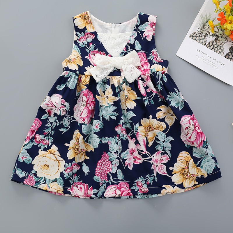 

lovely Sweet Floral Print Dark Blue Girl Mini Dress