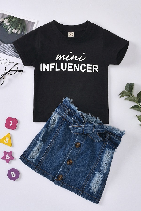 

lovely Leisure O Neck Letter Print Black Girl Two-piece Skirt Set