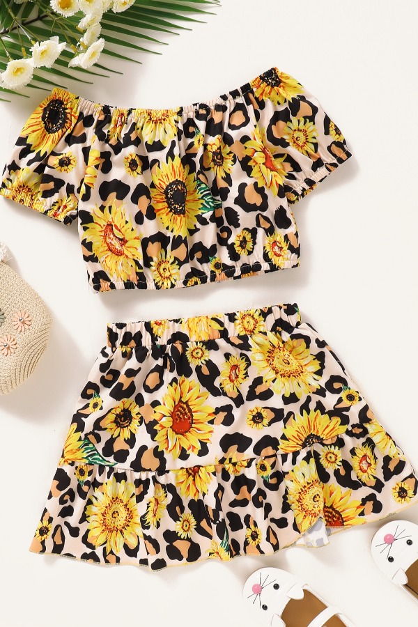 

lovely Sweet Floral Print Yellow Girl Two-piece Skirt Set