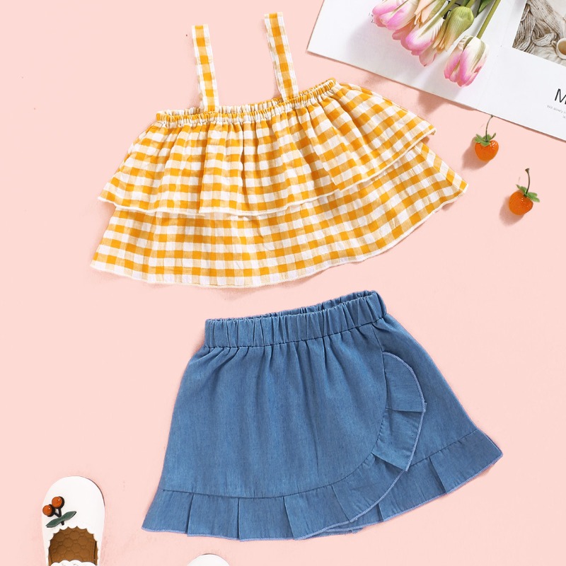 

lovely Sweet Grid Print Yellow Girl Two-piece Skirt Set