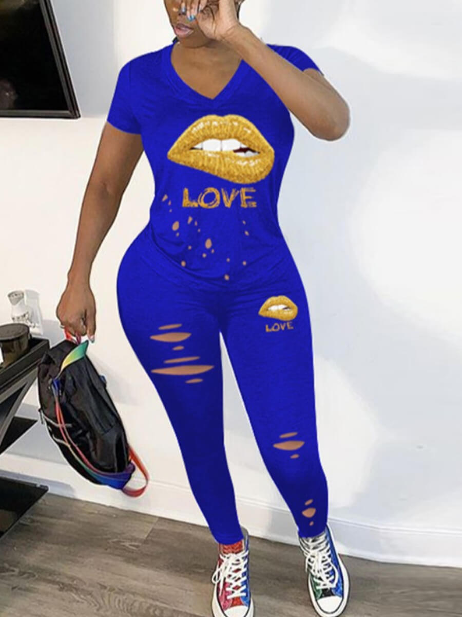 

Lovely Leisure Lip Print Blue Two Piece Pants Set