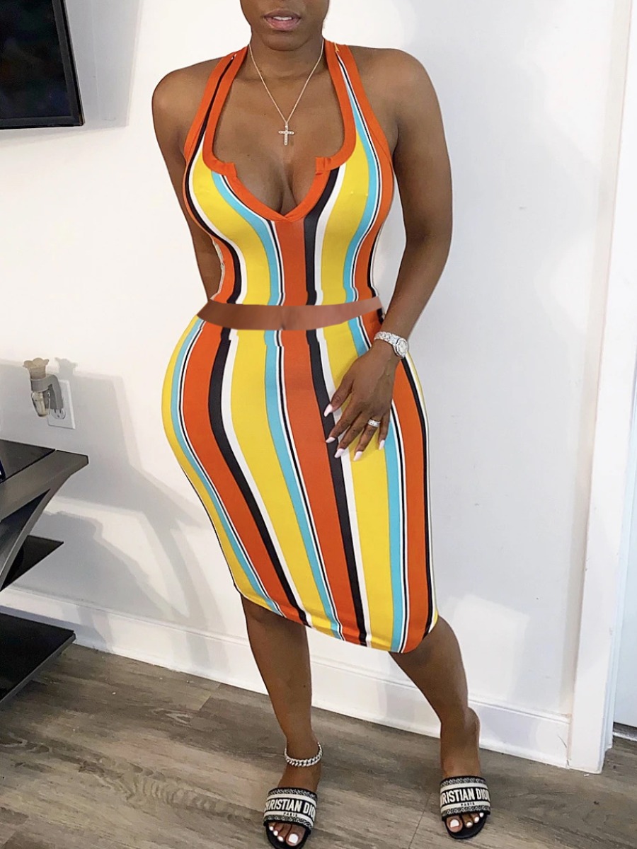 

lovely Casual Striped Jacinth Two-piece Skirt Set