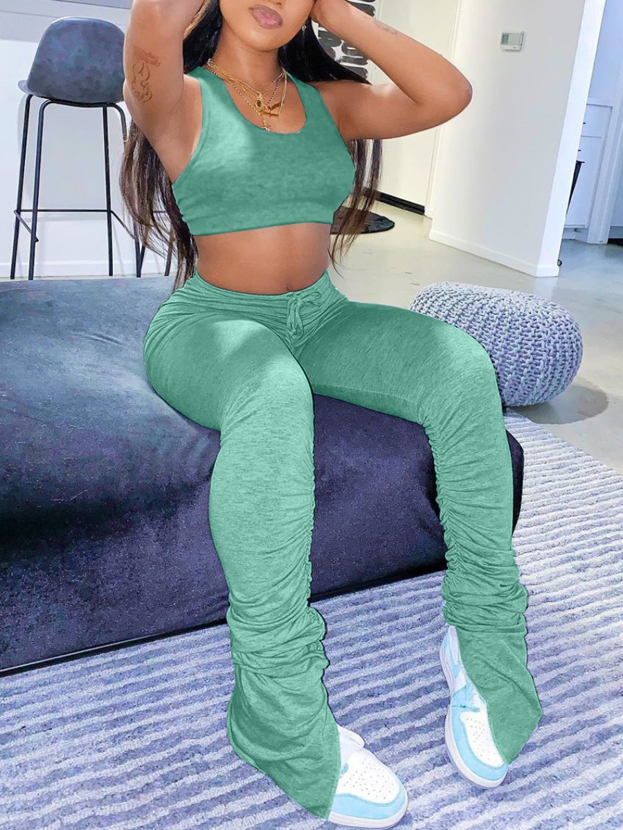 

lovely Sportswear Fold Design Green Two Piece Pants Set