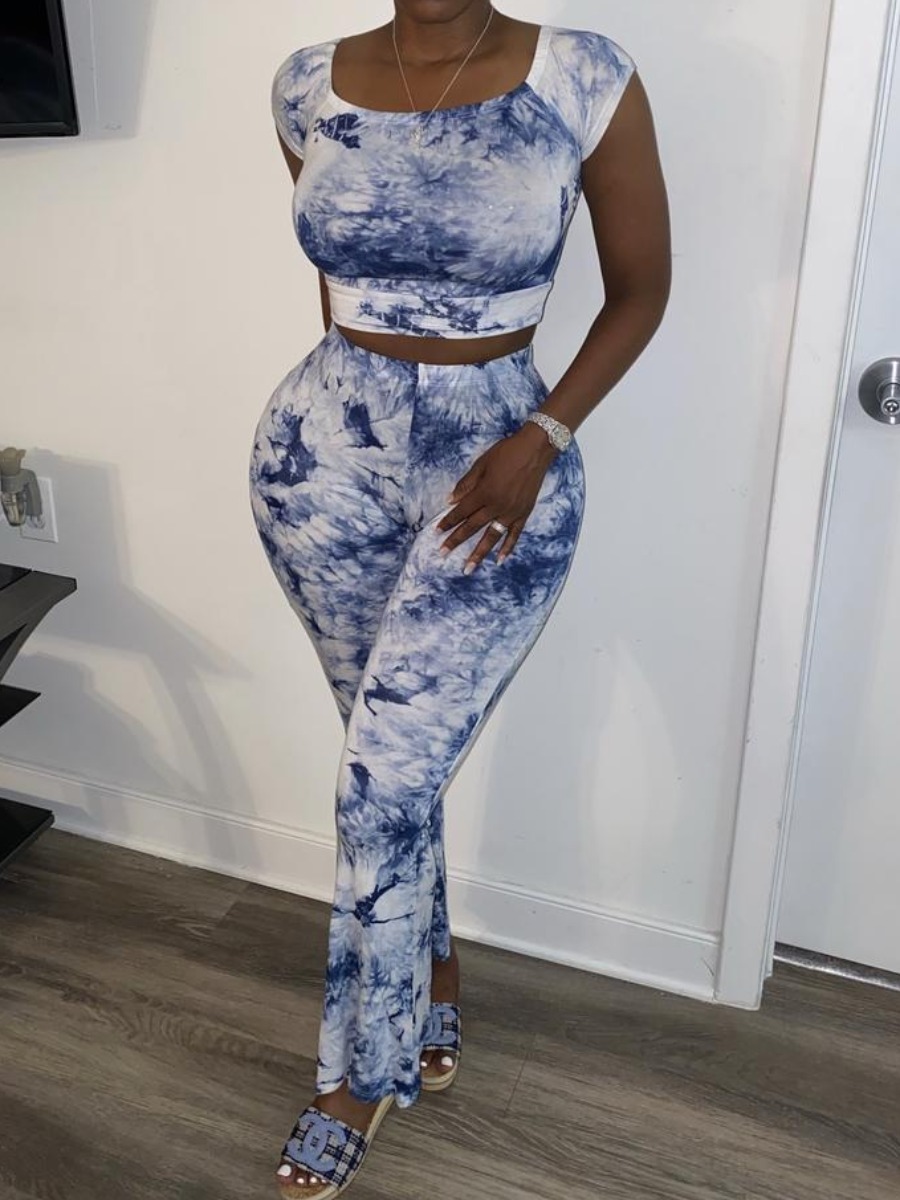 

lovely Trendy Tie Dye Blue Two Piece Pants Set