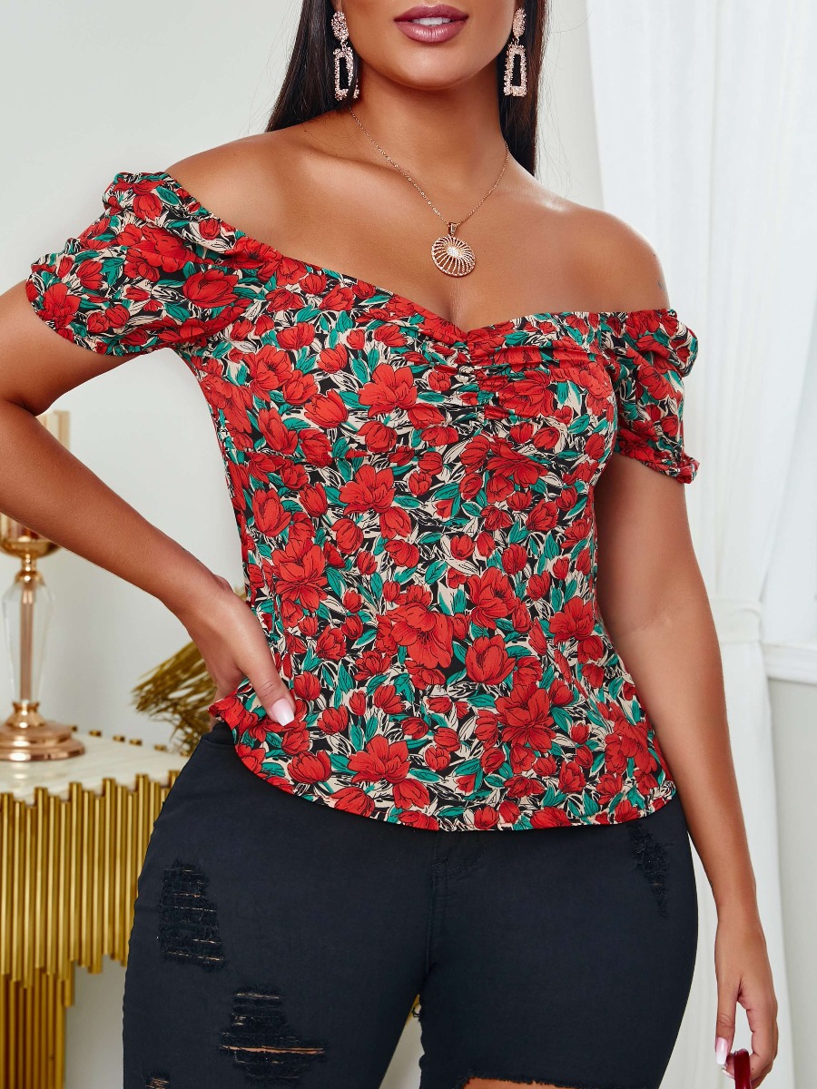 

lovely Trendy Dew Shoulder Floral Print Red Blouse