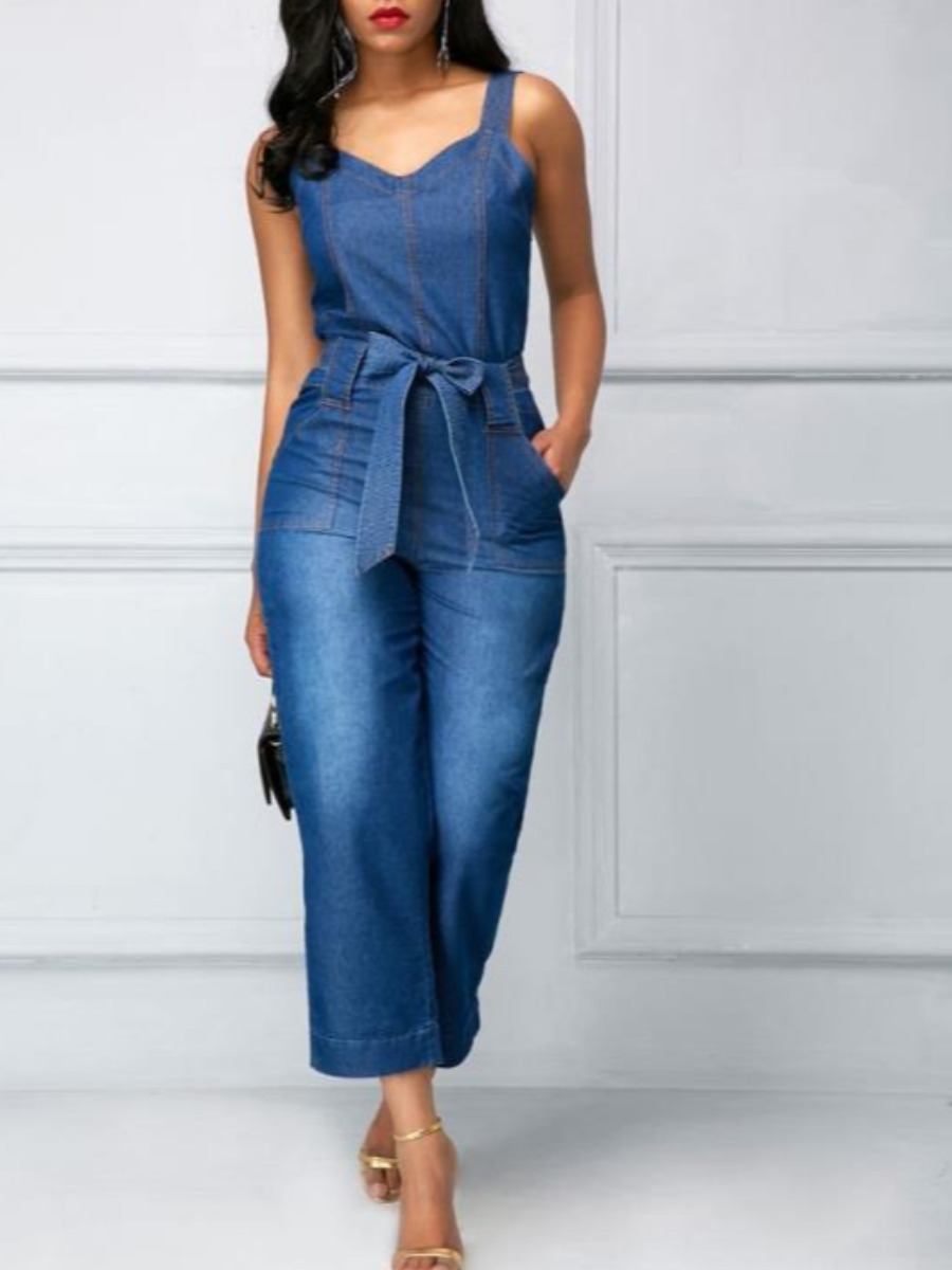 

lovely Casual Lace-up Deep Blue Denim One-piece Jumpsuit