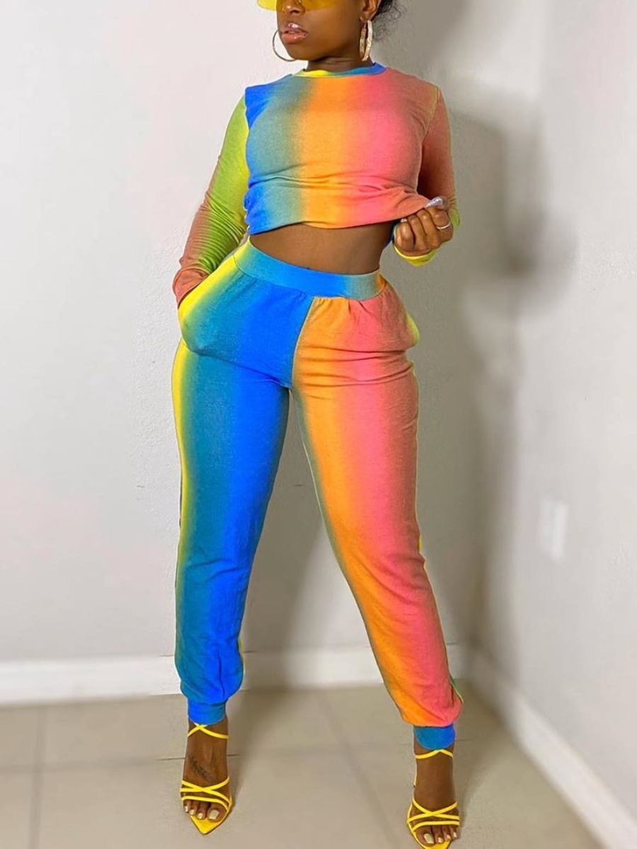 

lovely Casual Rainbow Tie Dye Orange Two Piece Pants Set