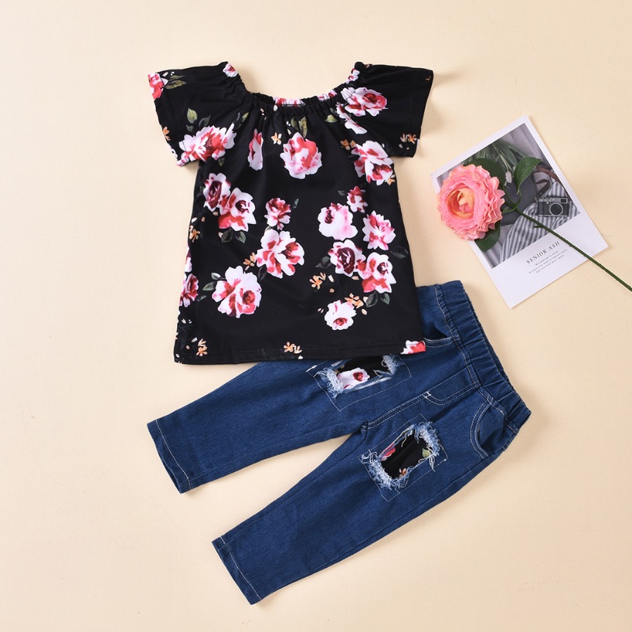 

lovely Casual Floral Print Black Girl Two-piece Pants Set