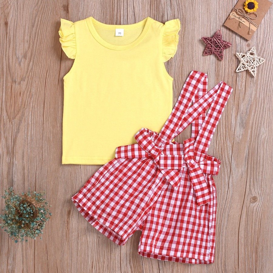 

lovely Sweet Grid Print Yellow Girl Two-piece Shorts Set