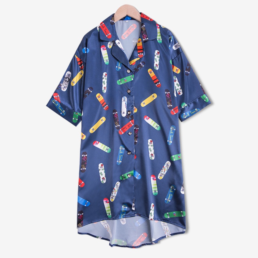 

lovely Leisure Turndown Collar Print Blue Sleepwear