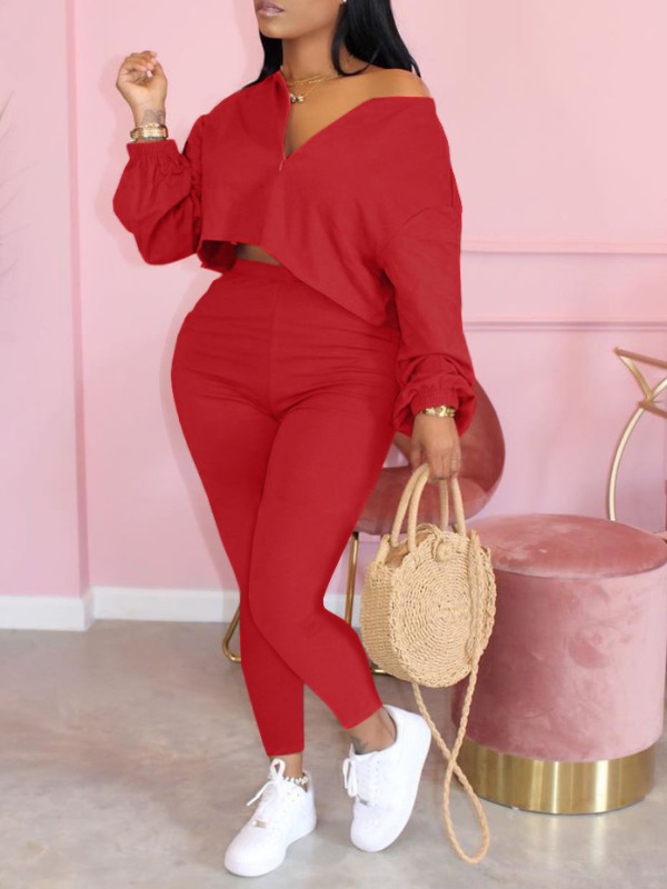 

lovely Casual Zipper Design Red Plus Size Two-piece Pants Set