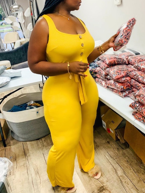 

lovely Stylish Buttons Design Yellow One-piece Jumpsuit