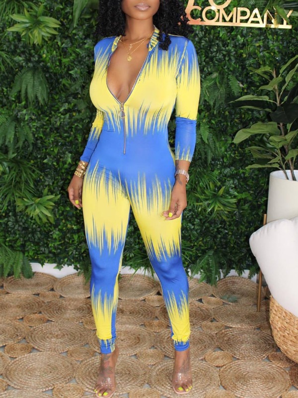 

lovely Stylish Tie-dye Zipper Design Blue One-piece Jumpsuit