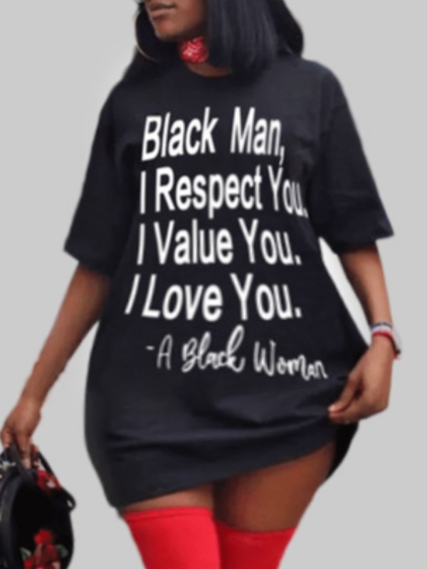 

Lovely Leisure O Neck Letter Print Black Mini Plus Size Dress