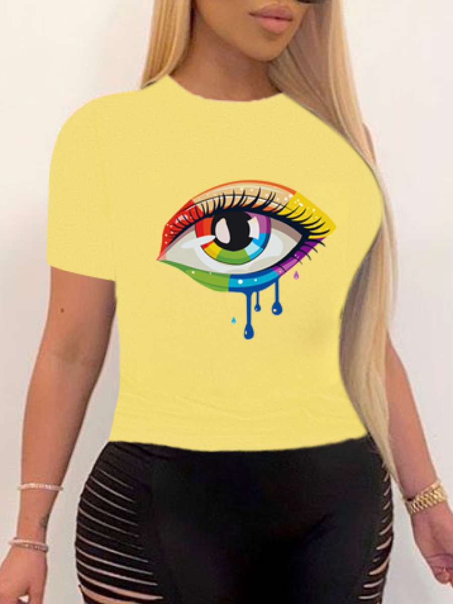 

lovely Street O Neck Eye Print Yellow T-shirt