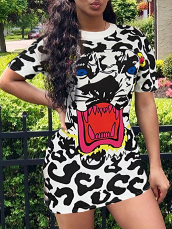 

lovely Casual O Neck Cartoon Print White Mini Dress