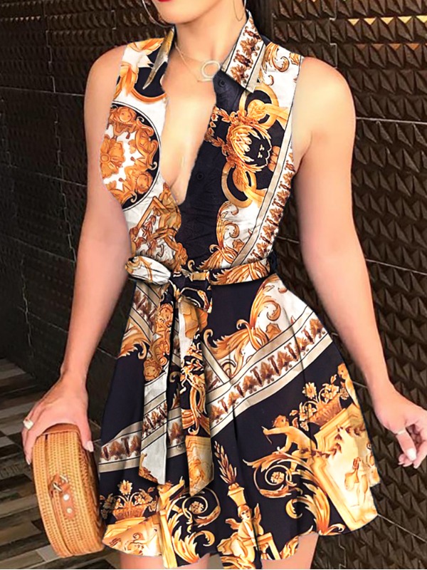 

lovely Sexy Turndown Collar Versace Print Black Mini Dress