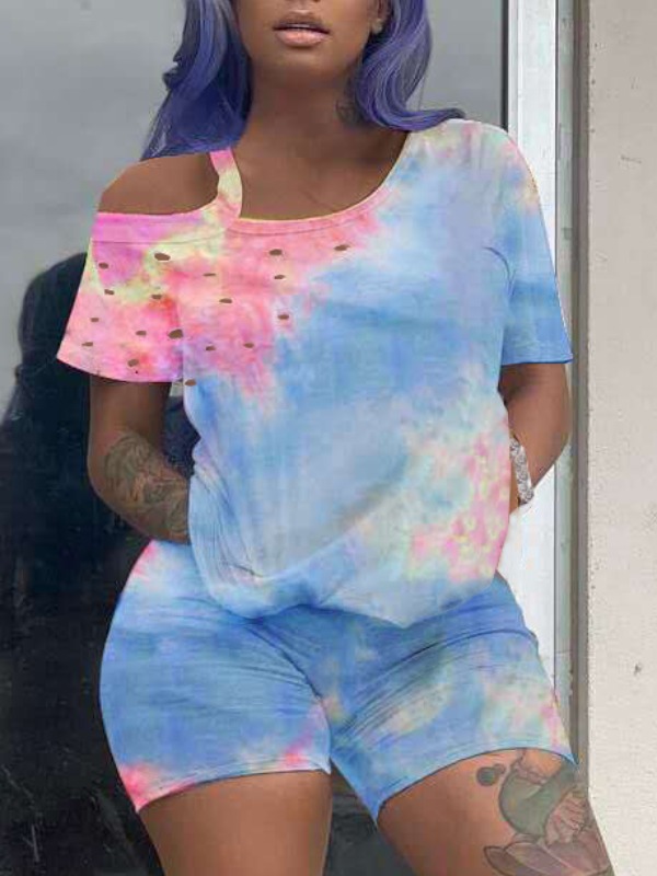 

lovely Casual Tie Dye Hollow-out Blue Two Piece Shorts Set