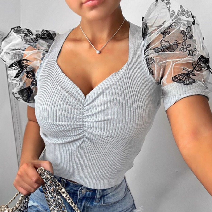 

lovely Trendy Print Patchwork Grey T-shirt