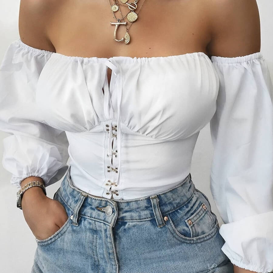 

Lovely Trendy Dew Shoulder Fold Design White Blouse