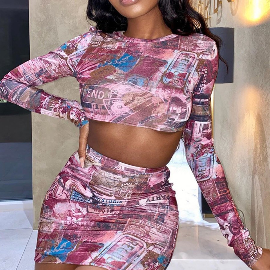 

lovely Trendy O Neck Print Pink Two Piece Skirt Set