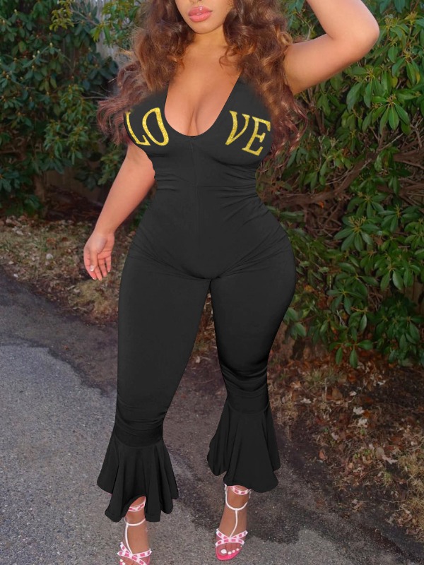 

lovely Stylish Letter Print Flared Black One-piece Jumpsuit