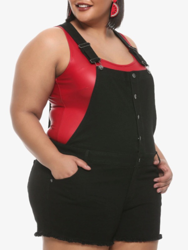 

lovely Trendy Buttons Design Black Plus Size Denim One-piece Romper