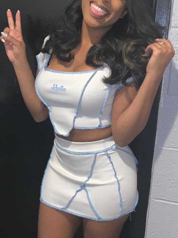 

lovely Casual Patchwork White Two Piece Skirt Set