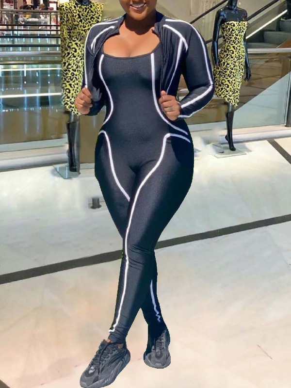 

lovely Sportswear Patchwork Black One-piece Jumpsuit（With coat）