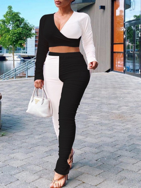 

lovely Street V Neck Patchwork Black Two Piece Pants Set