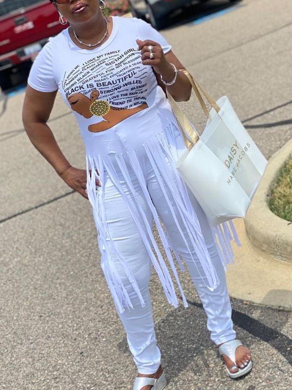 

lovely Casual O Neck Letter Print Tassel Design White Two Piece Pants Set