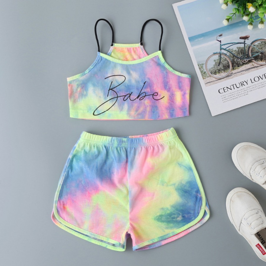 

lovely Casual Letter Print Multicolor Girl Two-piece Shorts Set, Multi