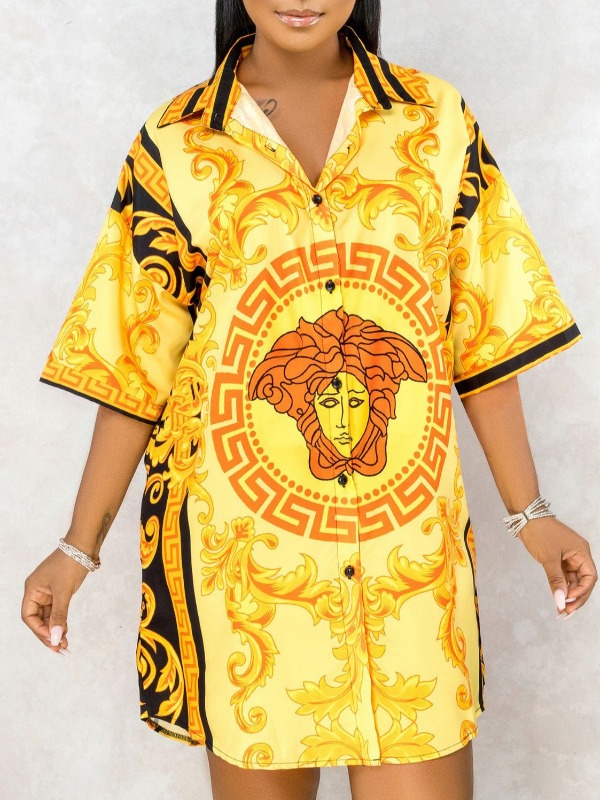 

lovely Trendy Turndown Collar Print Yellow Mini Dress