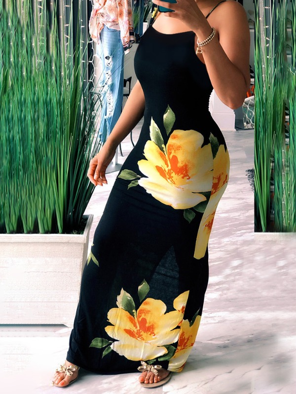 

lovely Trendy Spaghetti Strap Print Yellow Maxi Dress