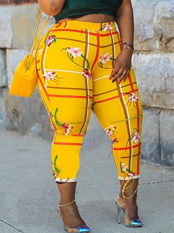 

Lovely Casual Plants Print Yellow Plus Size Pants